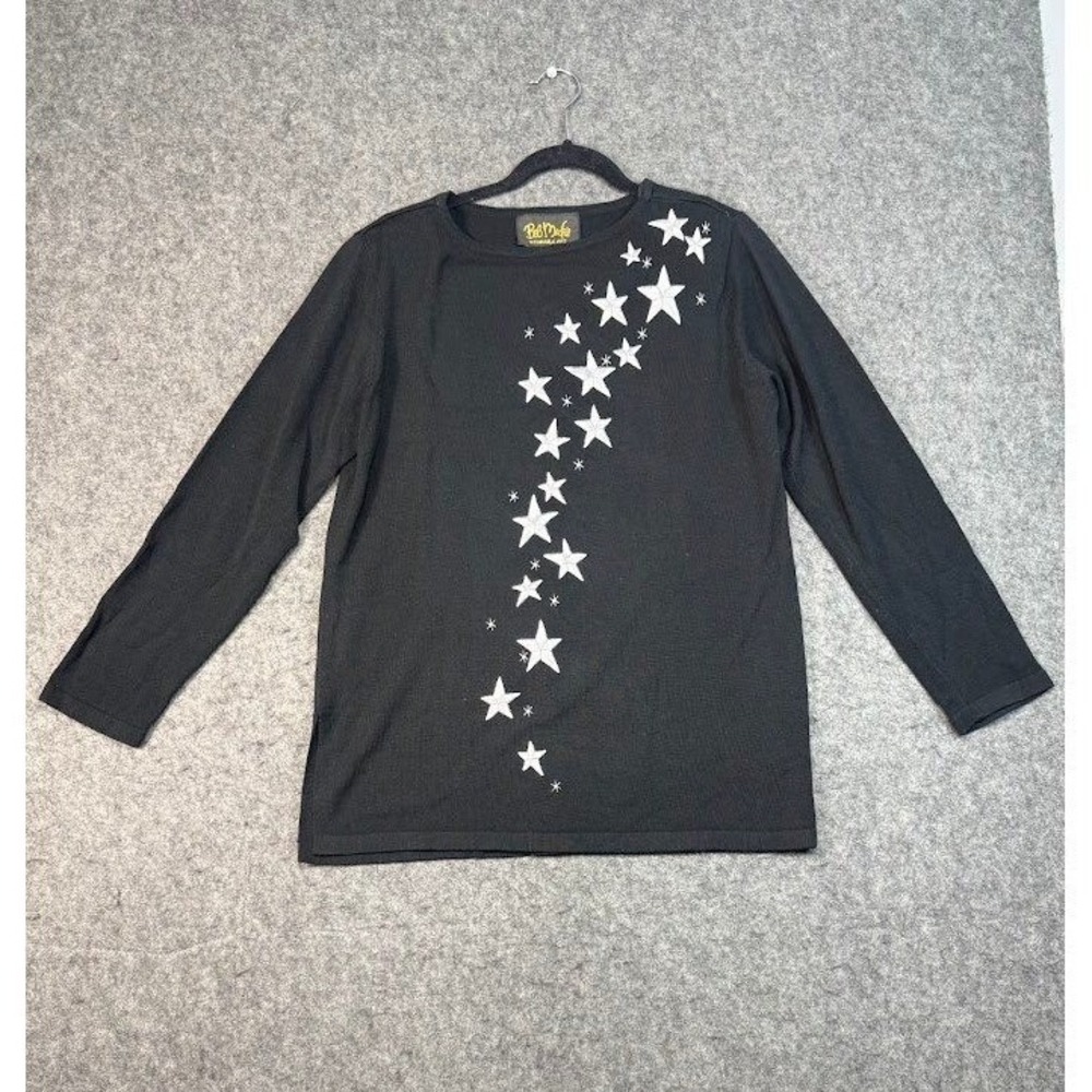Bob Mackie Wearable Art Womens S Black Embroidered Stars Knit Sweater Top A0370